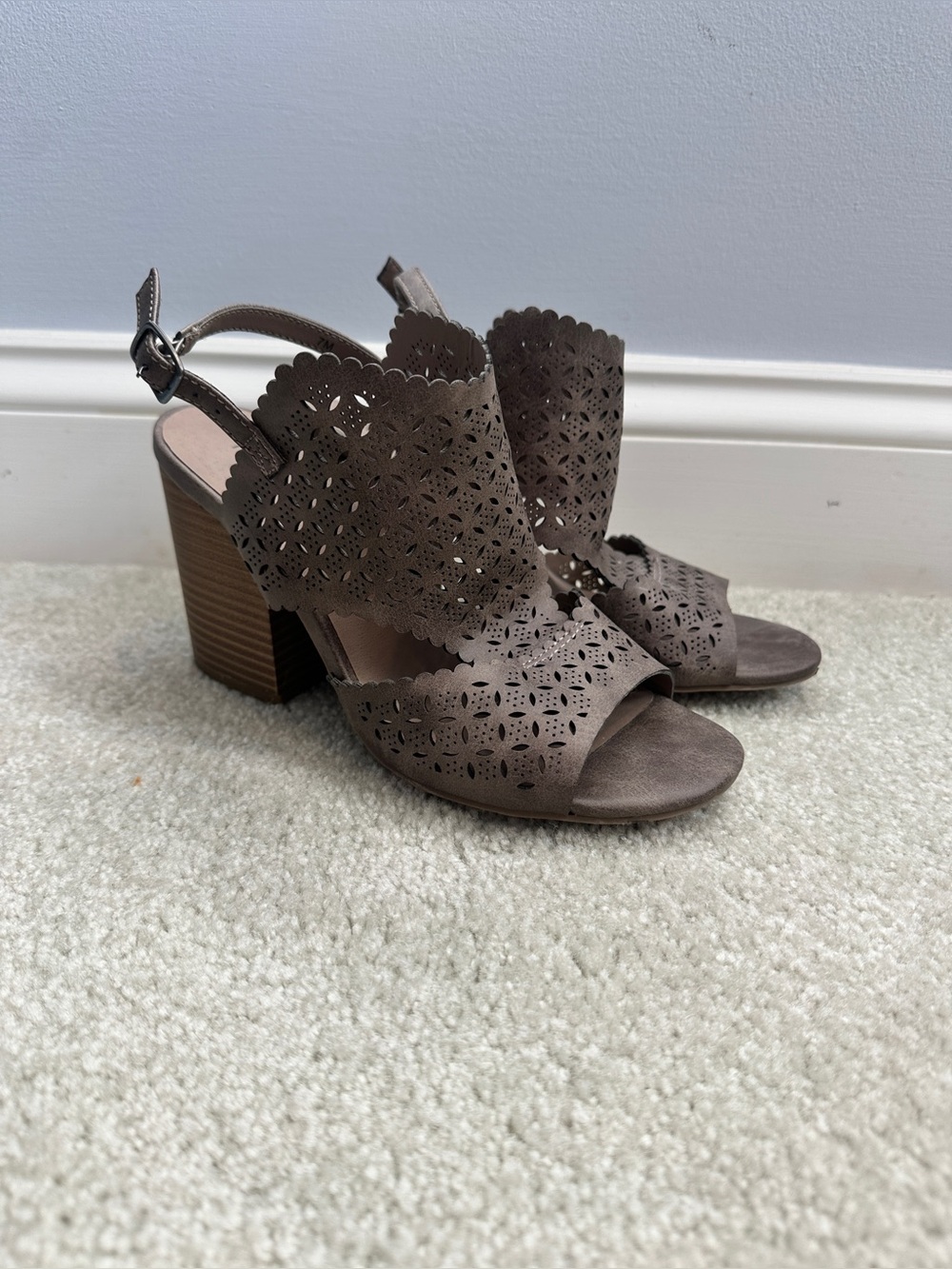 Maurices Taupe Laser-Cut Block Heel Sandals